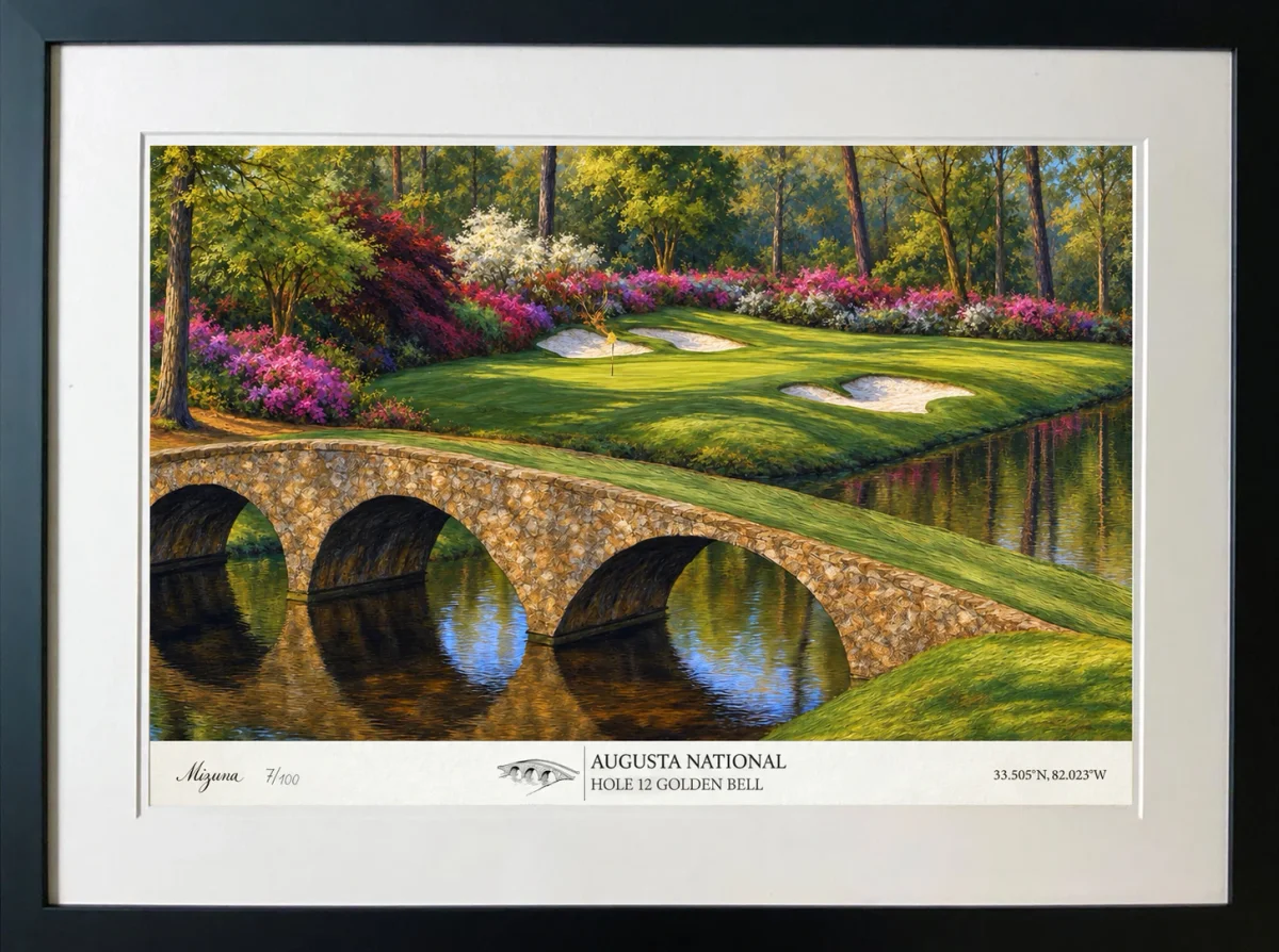 Framed Golden Bell fine-art print of Augusta National Hole 12 and the Hogan Bridge