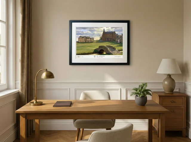 Signed St Andrews artwork displayed in a warm room