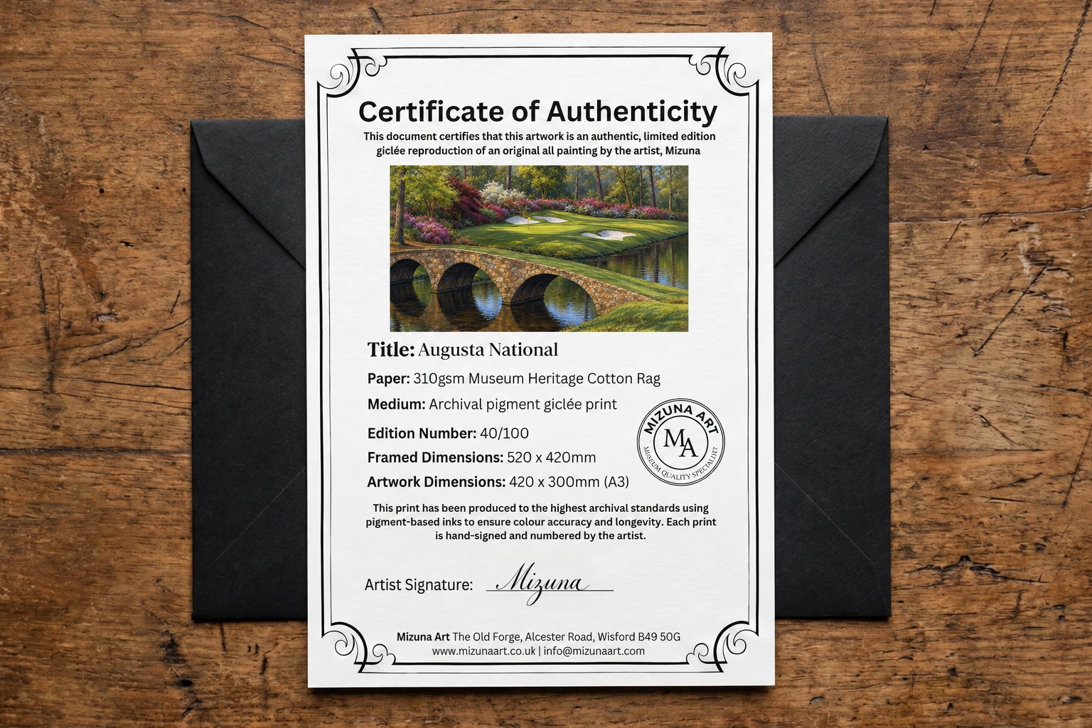 Augusta certificate of authenticity laid over its wax-sealed black presentation envelope