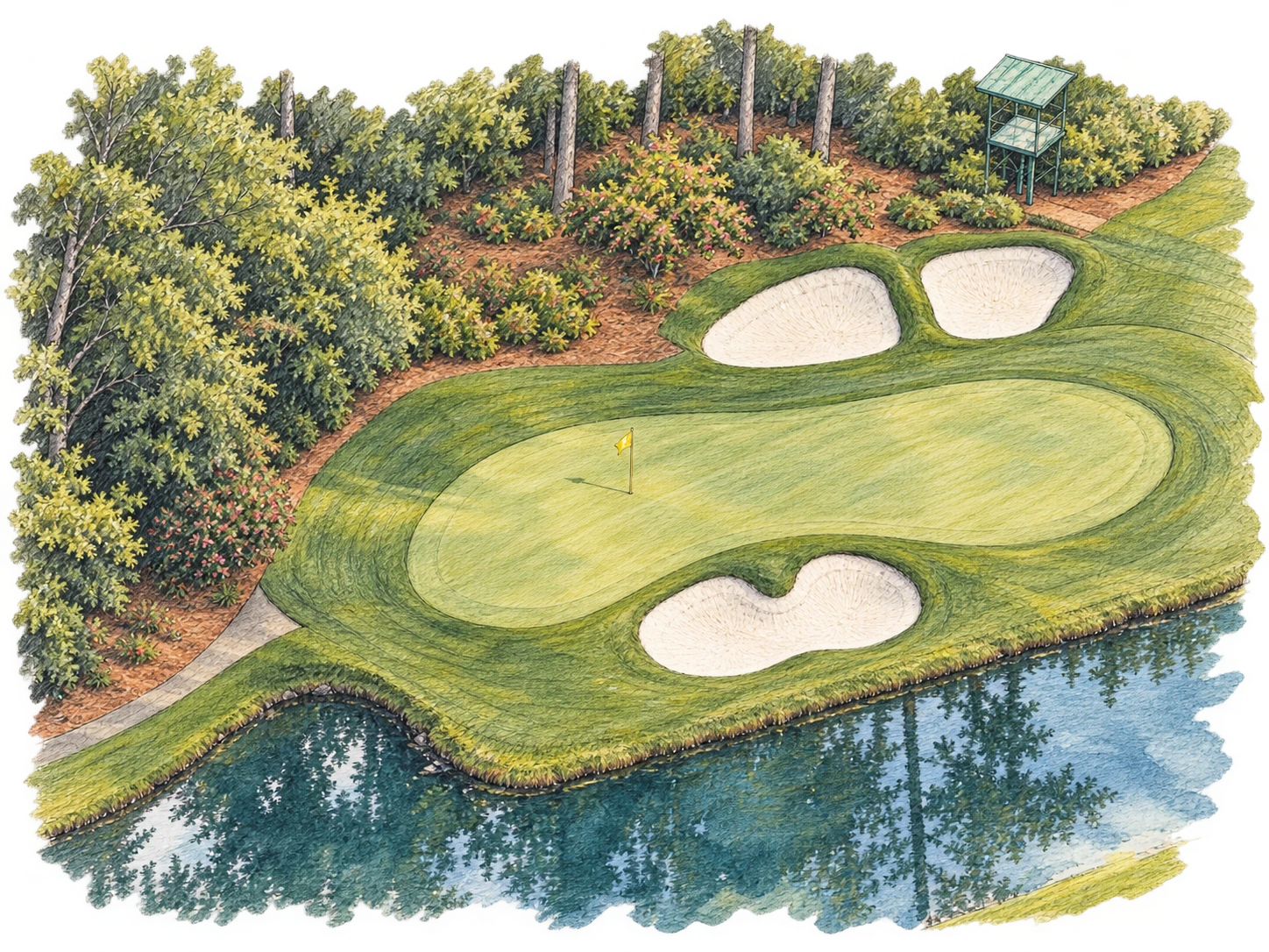 Aerial watercolor study of Golden Bell, Augusta Hole 12, showing the narrow green, three surrounding bunkers and Rae’s Creek
