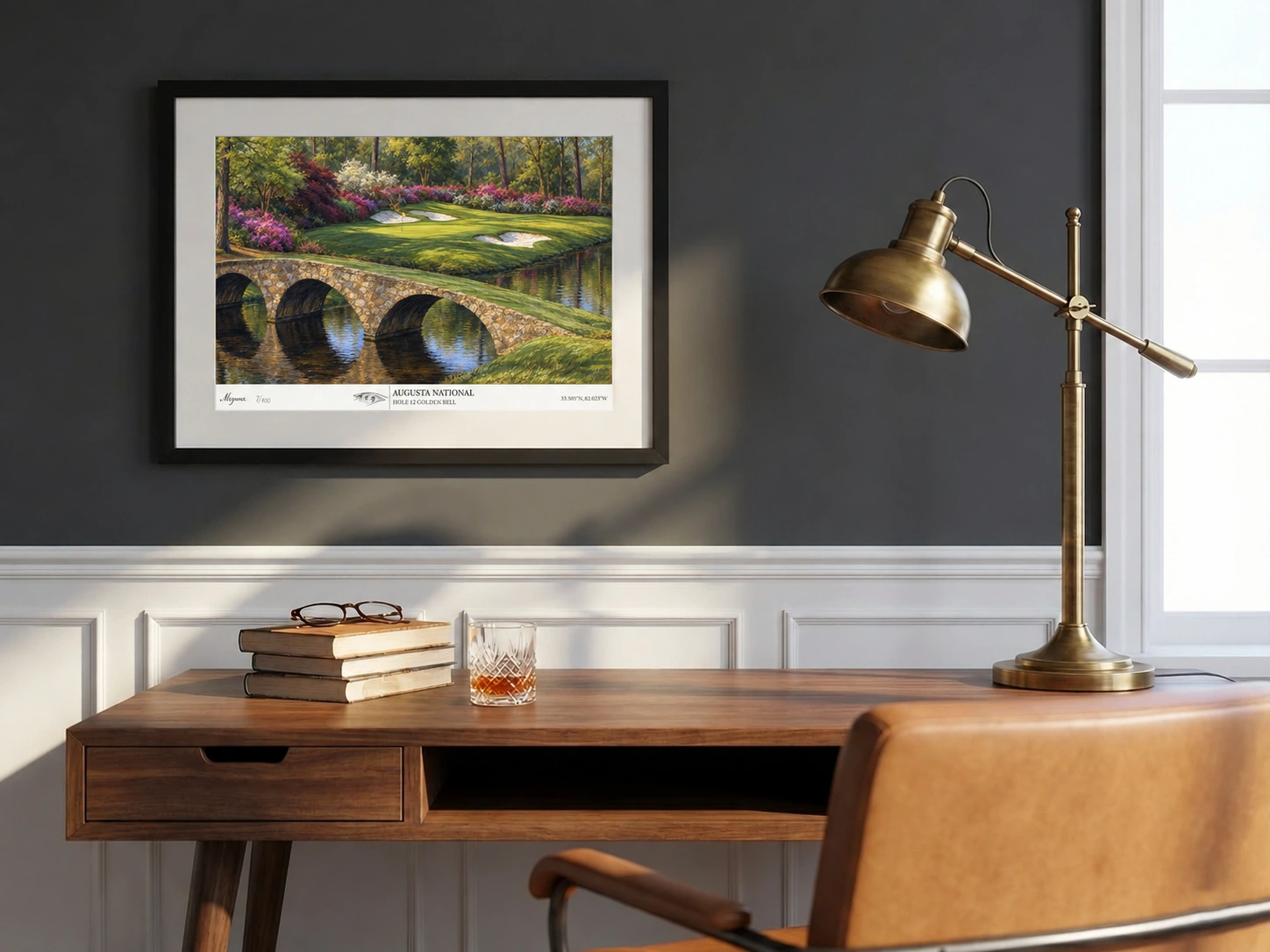 50×40cm framed Golden Bell, Hole 12 artwork displayed above a desk in a collector's study