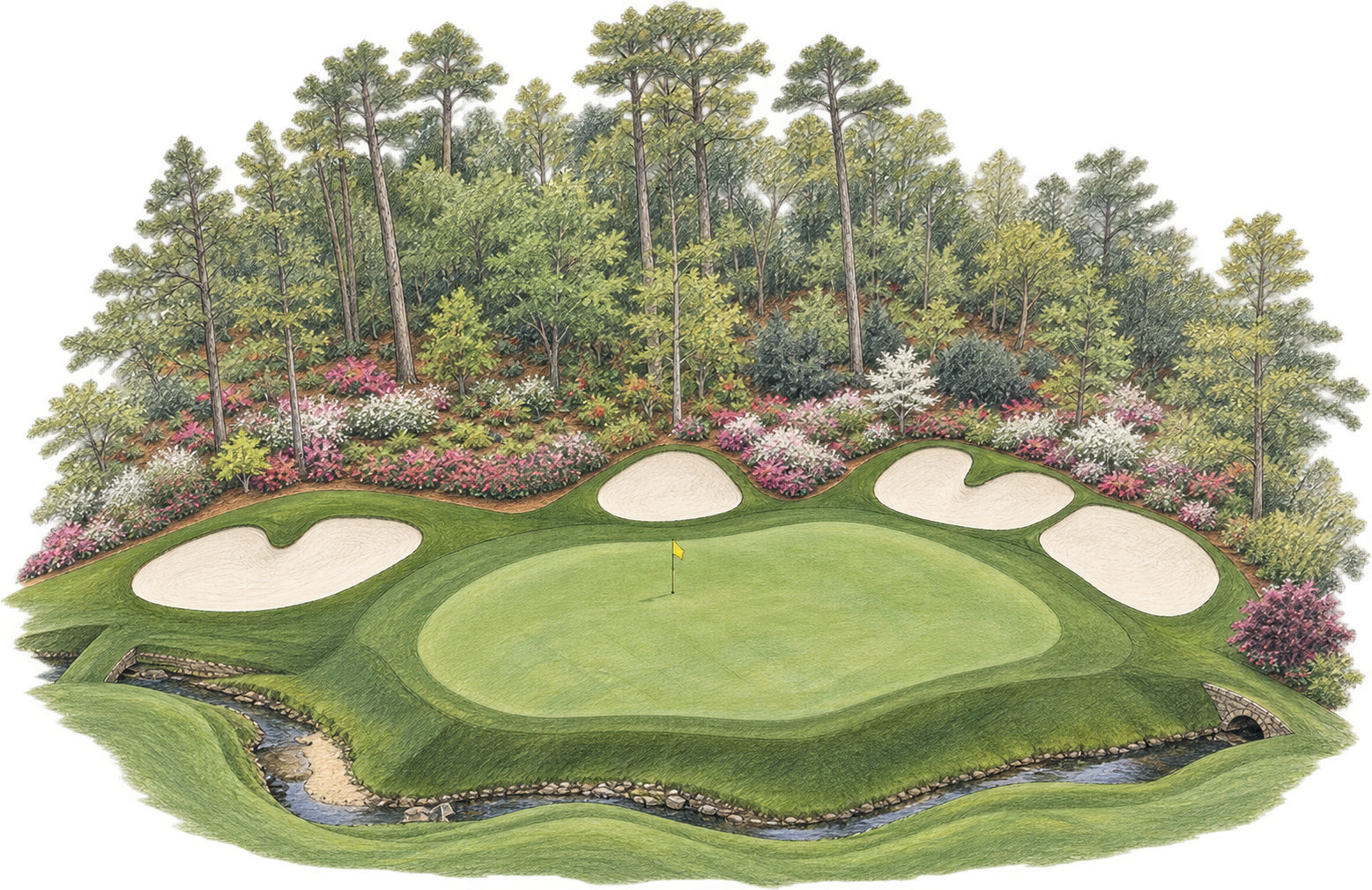 Pencil and watercolor study of Azalea, Hole 13, with its green, surrounding bunkers and Rae’s Creek in the foreground