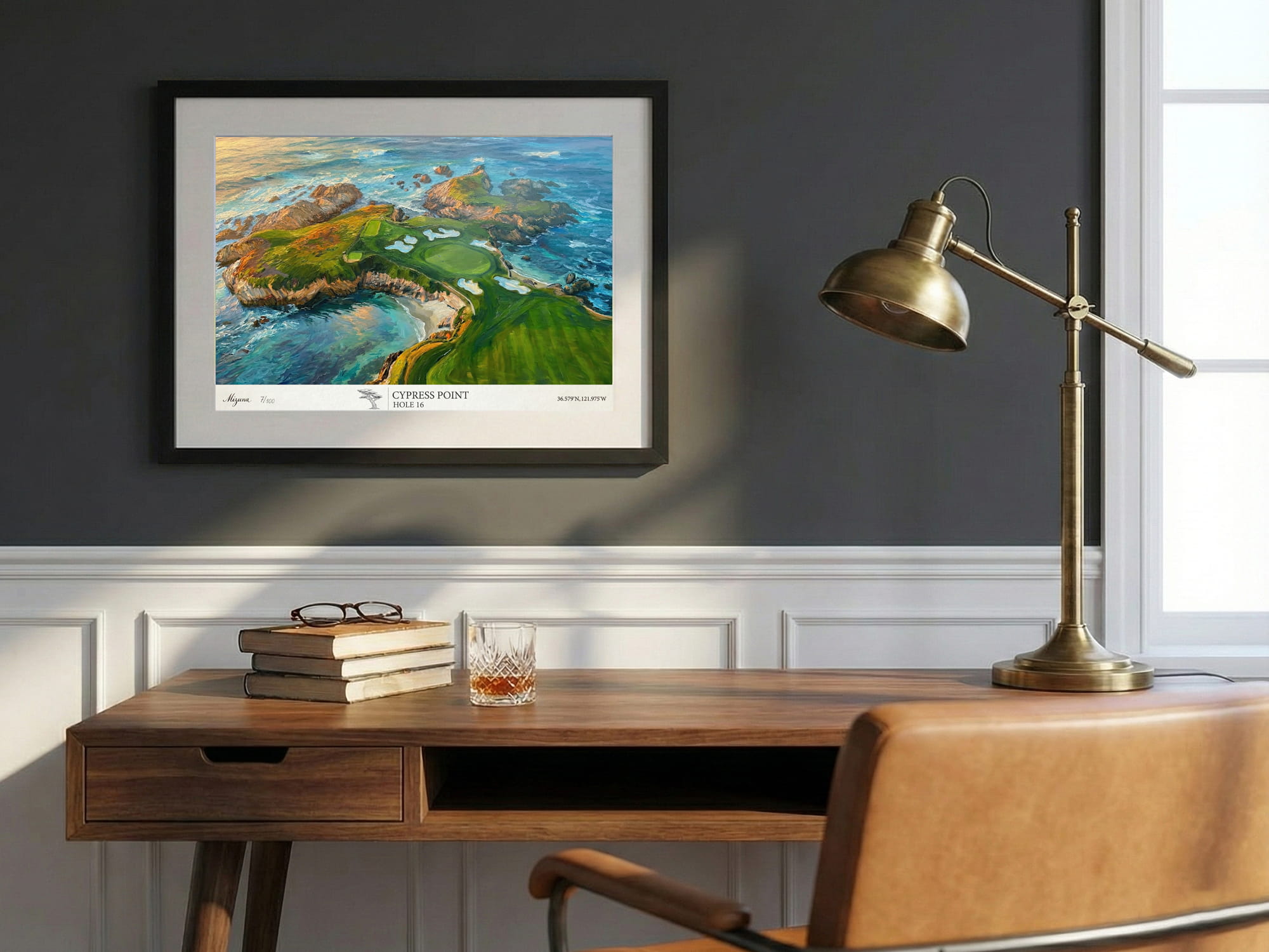 Cypress Point Hole 16 artwork shown in a room