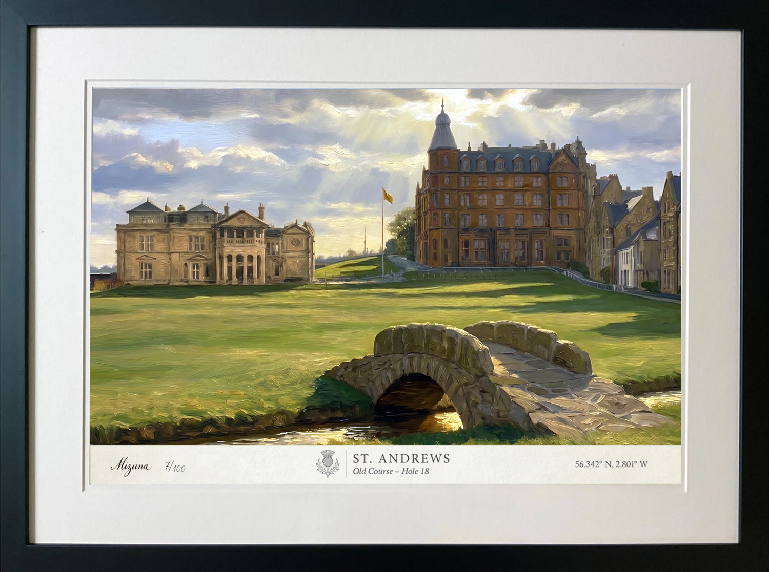 Framed St Andrews Old Course, 18th, with the Swilcan Bridge