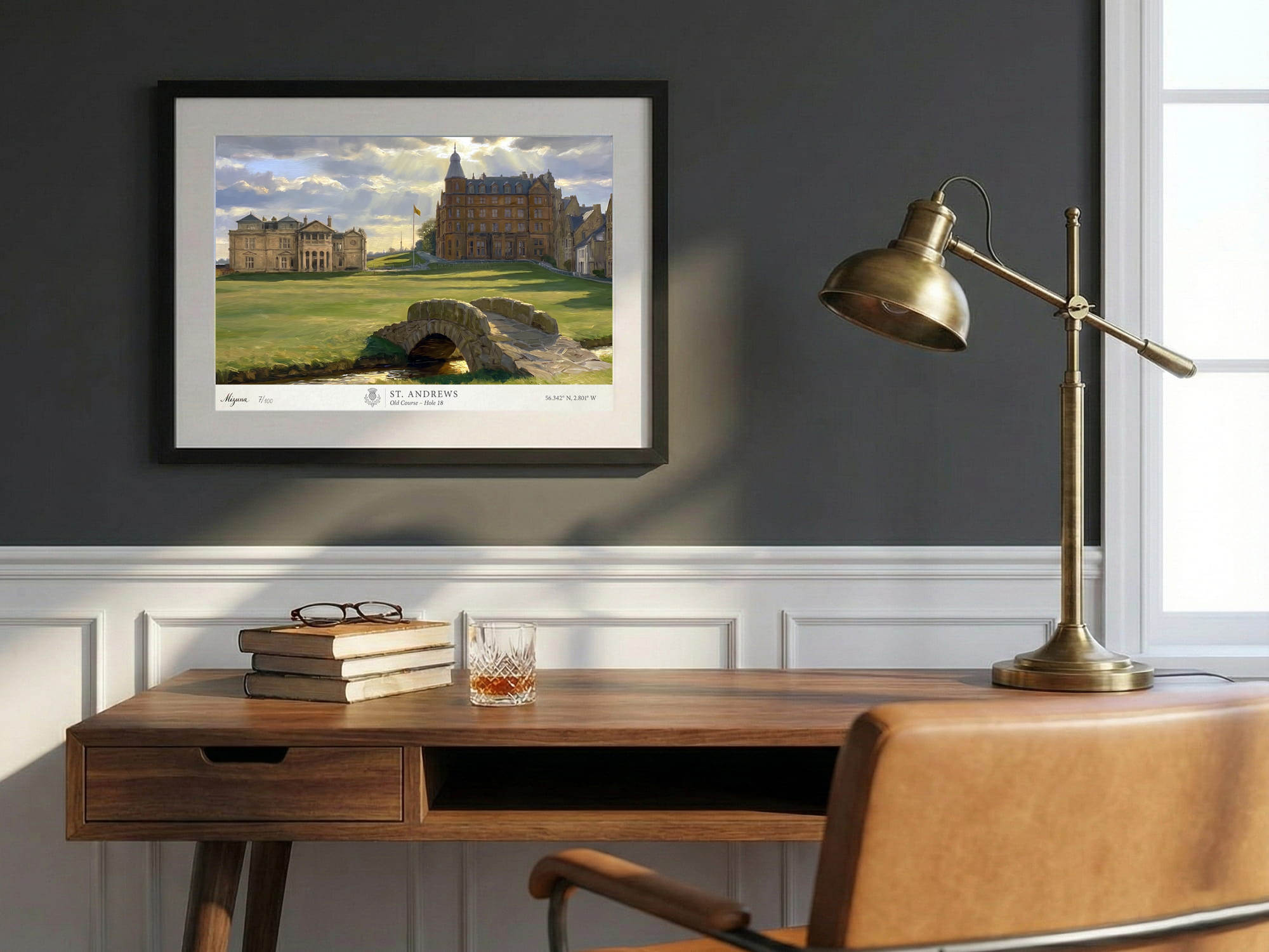 50×40cm framed Home of Golf, Hole 18 artwork displayed in a room