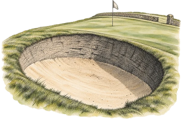 Pencil and watercolour study of the deep Road Hole bunker, with the 17th green and flag beyond