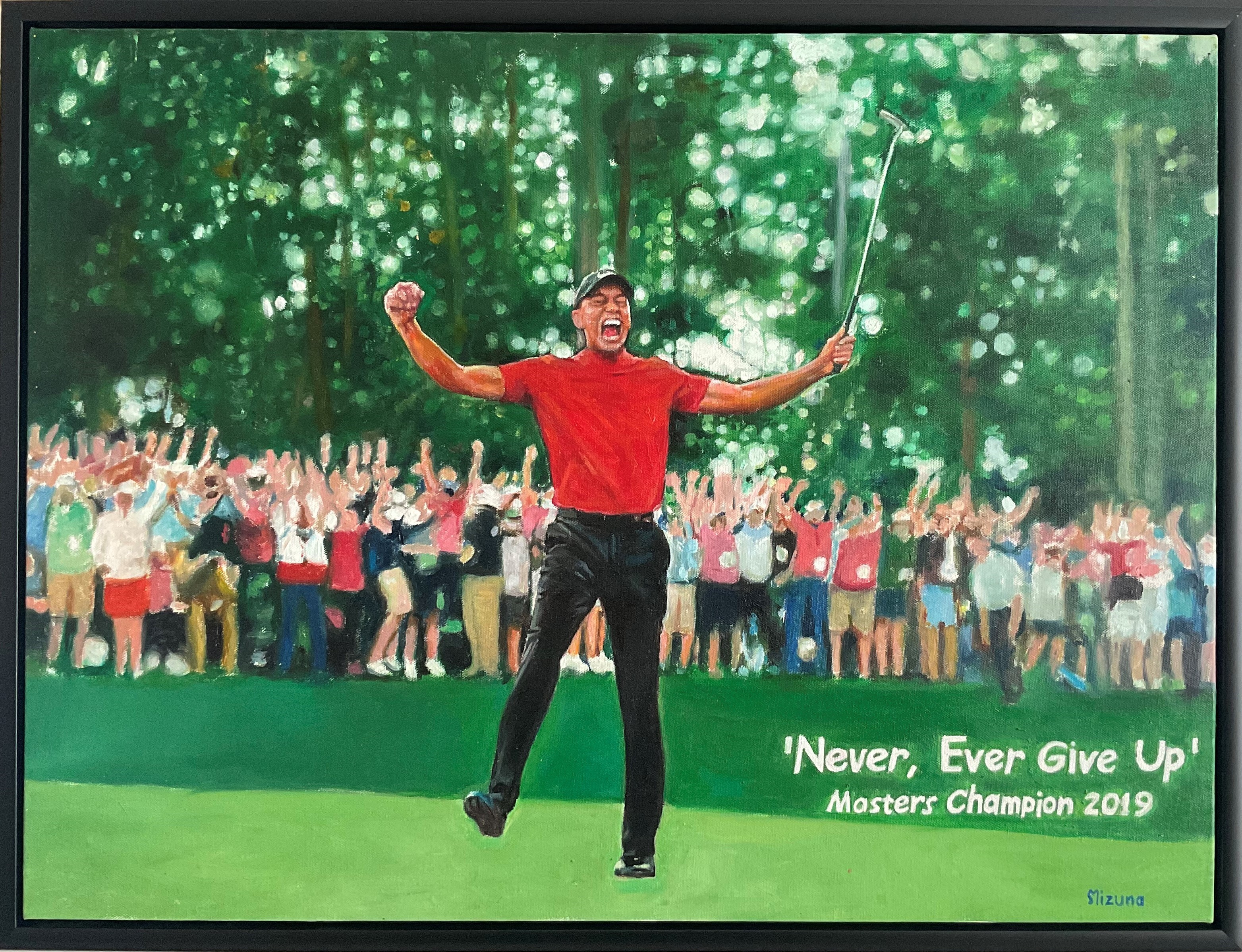 Original oil painting of Tiger Woods celebrating his 2019 victory at Augusta